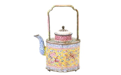 A CHINESE CANTON ENAMEL 'DRAGONS' WINE POT AND COVER 清十八世紀 廣東銅胎畫琺瑯高士童子圖酒壺