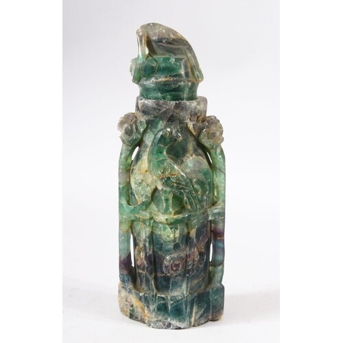 A CHINESE CARVED GREEN HARD STONE LIDDED VESSEL - carved wit...