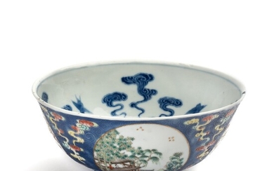 A CHINESE FAMILLE ROSE BLUE-SGRAFFIATO-GROUND 'MEDALLION' BOWL