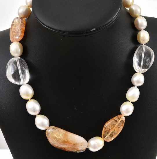 A CITRINE, QUARTZ AND SOUTH SEA PEARL NECKLACE WITH WHITE GOLD MAGNETIC CLASP