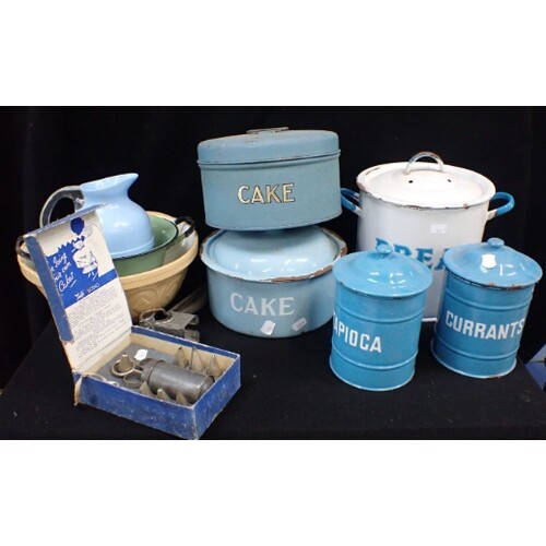 A COLLECTION OF ENAMELLED KITCHEN TINS and other kitchenalia