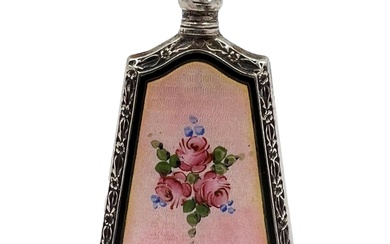 A CONTINENTAL STERLING SILVER AND ENAMEL SCENT BOTTLE. A...