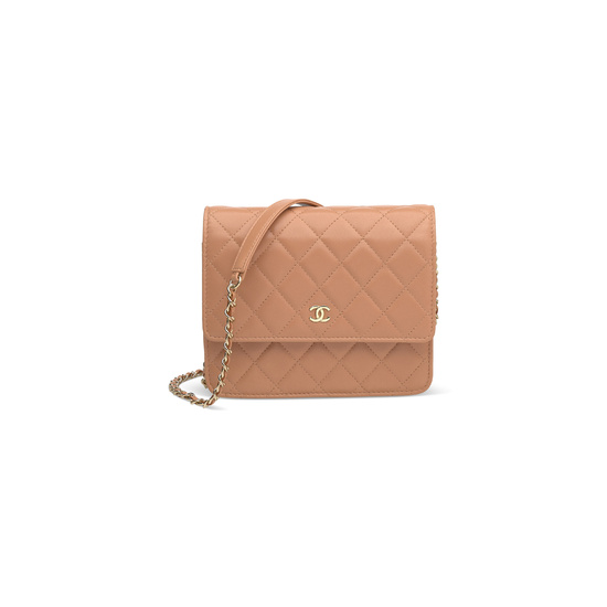 A CORAL QUILTED LAMBSKIN LEATHER SQUARE WALLET ON CHAIN WITH GOLD HARDWARE CHANEL, 2018
