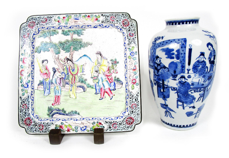 A Canton enamel square tray and a blue and white vase