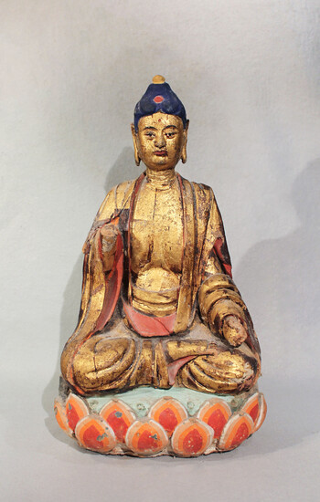 A Chinese Pottery/straw mix figure of Buddha seated in meditation on lotus dais, in Ming style
