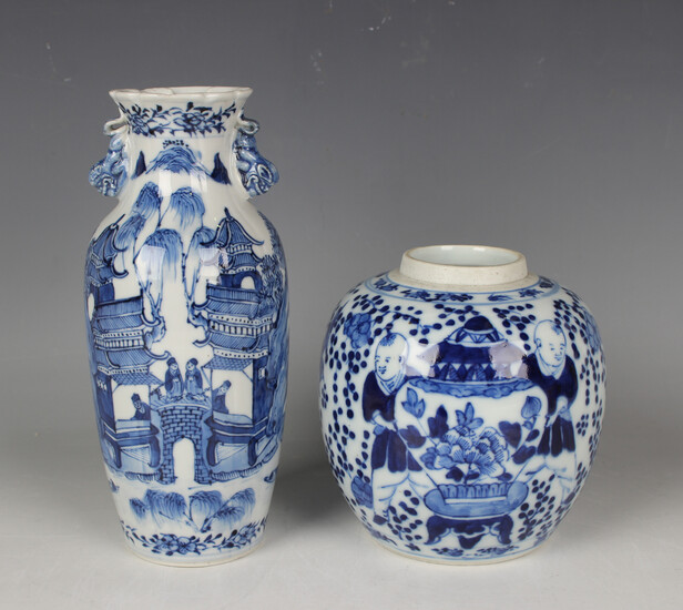 A Chinese blue and white porcelain vase, mark of Kangxi but late 19th century, painted with figures