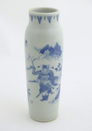 A Chinese blue and white vase of narrow form, depicting
