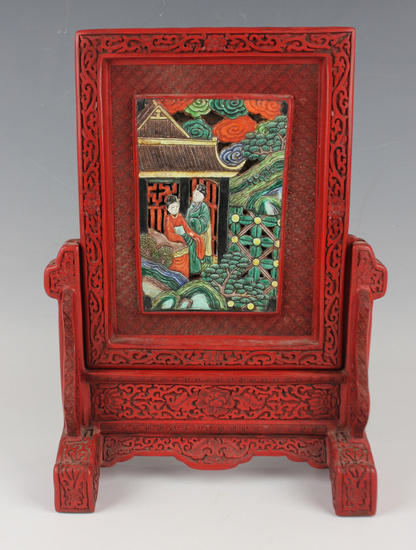 A Chinese cinnabar lacquer and porcelain table screen and slotted stand, early 20th century, the rec