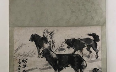 A Chinese ink painting of a shepherd dog on paper, hanging scroll, Huang Zhou