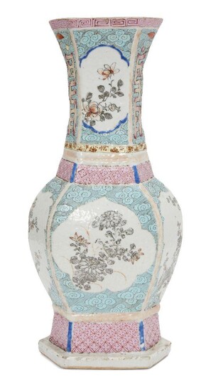 A Chinese porcelain hexagonal vase, Qianlong period, painted in famille...