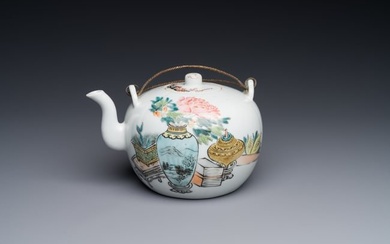 A Chinese qianjiang cai 'antiquities' teapot, Xu Pinheng ???? signed, Tongzhi mark, dated 1889