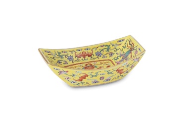 A Chinese yellow ground ingot-shaped bowl