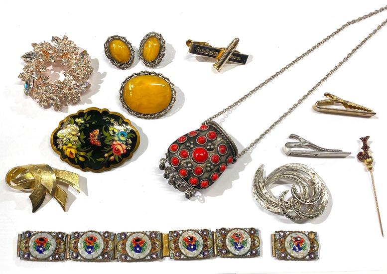 A Collection of Costume Jewellery including Brooches, Tie-bars, Necklace & Bracelet
