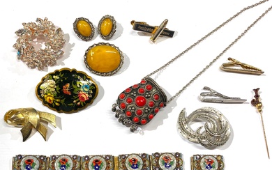 A Collection of Costume Jewellery including Brooches, Tie-bars, Necklace & Bracelet