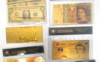A Collection of Gold Plated Notes including USA Dollars