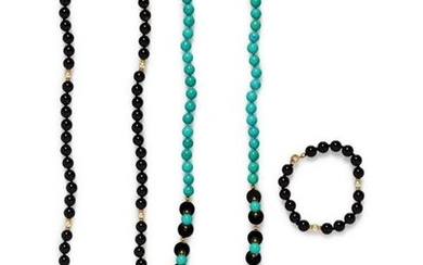 A Collection of Yellow Gold and Onyx Bead Jewelry