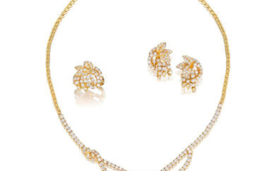 A Diamond 'Foliate' Necklace, Ring and Earring Suite