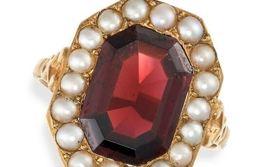 A GARNET AND PEARL CLUSTER RING set with an octagonal