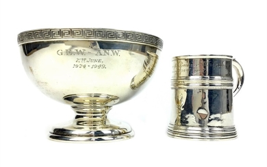 A GEORGE V SILVER PEDESTAL BOWL ALONG WITH A