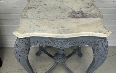 A GREY PAINTED FRENCH OCCASIONAL TABLE WITH WHITE VARIEGATED...