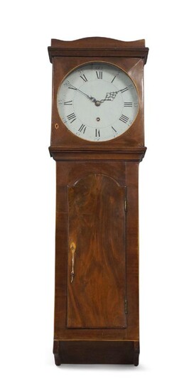 A George III mahogany and boxwood inlaid wall clock, early 19th century, the boxwood string inlaid case with shaped and moulded cornice above plain glazed hood and trunk with broken arch door over shaped supports, the white enamel dial with Roman...