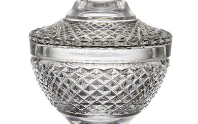 A Georgian Anglo-Irish cut crystal pedestal sweetmeat bowl and cover, 19th century, the bowl and cover with diamond cut pattern, atop hexagonal base with star design to the underside, 32.5cm high