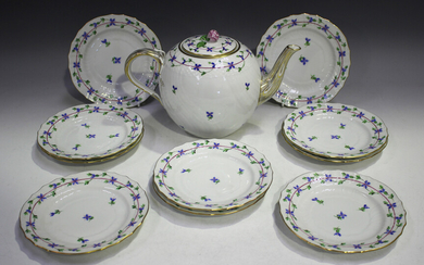 A Herend porcelain Cornflower Blue Garland pattern teapot and cover, the cover with a flowerbud fini