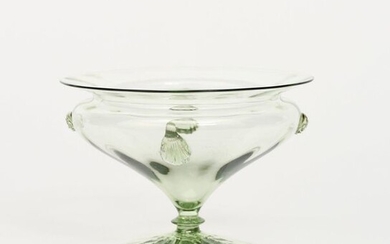 A James Powell & Sons Whitefriars sea green glass footed bowl, with applied glass shell handles and prunts, unsigned, 8.5cm. high, 12cm. diam.