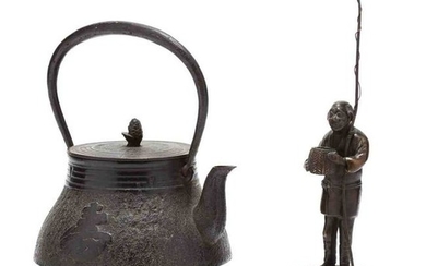 A Japanese Iron Teapot and Bronze Fisherman Okimono