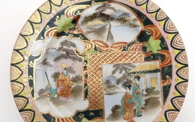 A Japanese plate with panelled decoration depicting
