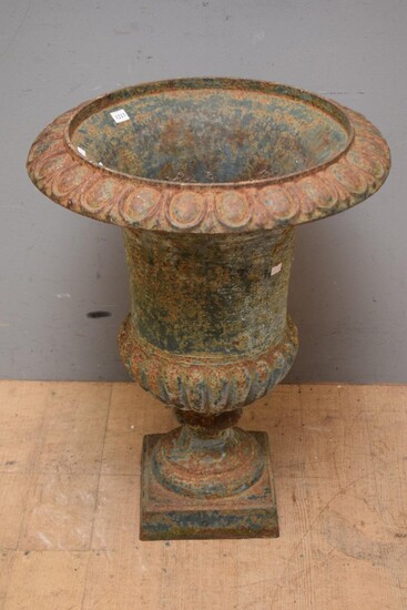 A LARGE 19TH CENTURY FRENCH ORIGINAL PAINTED GREEN CAST IRON GARDEN POT URN (60H x 49D CM) (PLEASE NOTE THIS HEAVY ITEM MUST BE REMO...