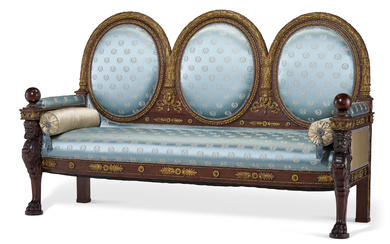 A LARGE FRENCH PARCEL-GILT AND MAHOGANY SOFA IN THE MANNER...