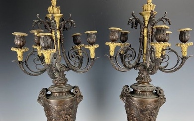 A LARGE PAIR OF BRONZE AND MARBLE CANDELABRA