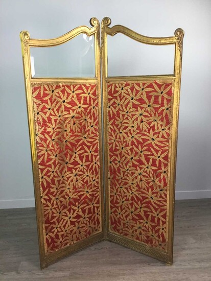 A LATE VICTORIAN GILTWOOD TWO PANEL DRESSING SCREEN