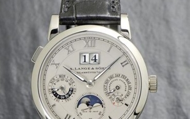 A. Lange & Söhne, Glashütte i/SA, "LANGEMATIK PERPETUAL Sax-0-Mat", Movement No. 47255, Case No. 155547, Ref. 310.025E, Cal. L922.1, 38,5 mm, circa 2005 An automatic Glashuette platinum wristwatch in mint condition, with perpetual calendar, day, date...