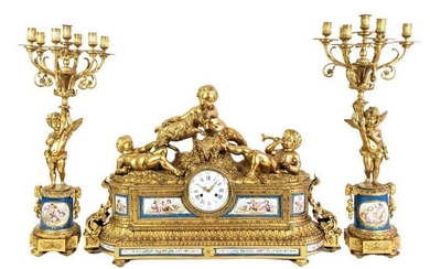 A Monumental 19th C. French Sevres Tiffany & Co. Gilt Bronze & Porcelain Clockset