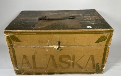 A PAINTED FOLK ART ANTIQUE BOX, "ALASKA", 16" X 10" X 9"