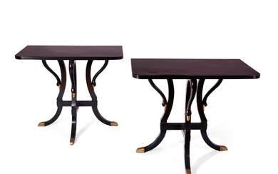A PAIR OF BRONZE MOUNTED EBONISED CONSOLE TABLES ITALIAN, MID 20TH CENTURY
