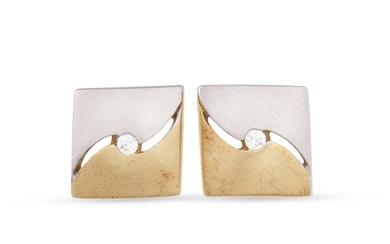 A PAIR OF DIAMOND STUD EARRINGS, mounted in 9ct two tone col...