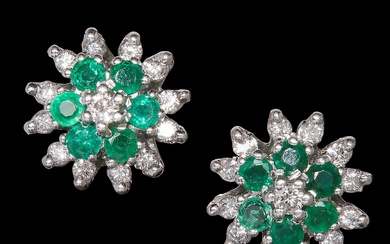 A PAIR OF EMERALD AND DIAMOND CLUSTER EARRINGS
