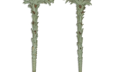 A PAIR OF LARGE GREEN-PAINTED CARVED WOODEN PALM FRONDS, 20TH CENTURY