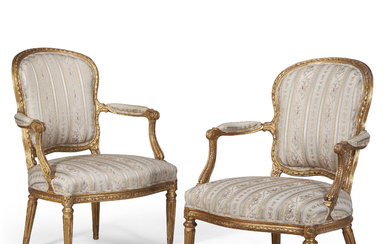 A PAIR OF LATE LOUIS XV GILTWOOD FAUTEUILS BY JEAN-JACQUE...