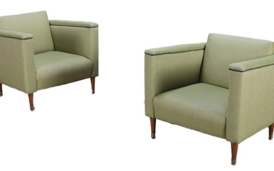 A PAIR OF MID CENTURY MODERN UPHOLSTERED CLUB CHAIRS HAVING...