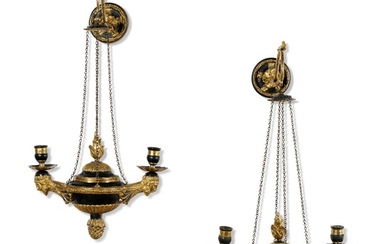 A PAIR OF NORTH EUROPEAN GILTWOOD AND BRONZED TWO-LIGHT HANGING WALL-LIGHTS