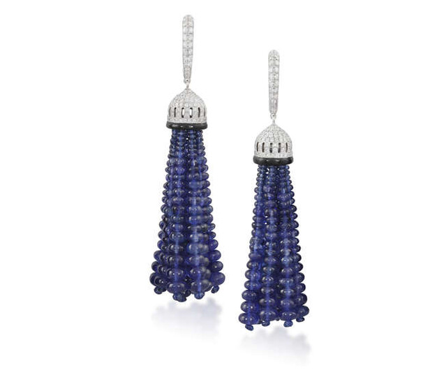 A PAIR OF SAPPHIRE, DIAMOND AND ONYX PENDENT...