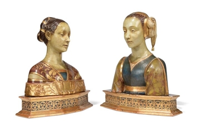 A PAIR OF TERRACOTTA BUSTS OF IPPOLITA MARIA SFORZA AND ANOTHER LADY, ONE BUST AFTER FRANCESCO LAURANA (1425-1502) AND ANOTHER IN THE MANNER OF LAURANA, BY MANIFATTURA DI SIGNA, LAST QUARTER 19TH CENTURY