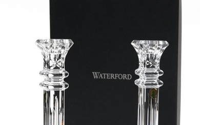 A PAIR OF WATERFORD CRYSTAL 'LISMORE' CANDLESTICKS, BOXED, 25.5 CM HIGH