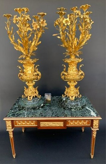 A PALATIAL PAIR OF DORE BRONZE AND MARBLE CANDELABRA