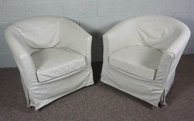 A Pair of Cream Linen Covered Tub Chairs with beige material covering a removable cushion