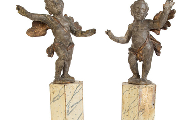 A Pair of Italian Carved Putti on Painted Faux-Marble Bases